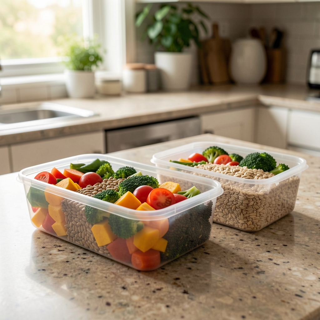 Prepared lunch containers with colourful vegetables and whole grains arranged on a kitchen counter in natural afternoon light