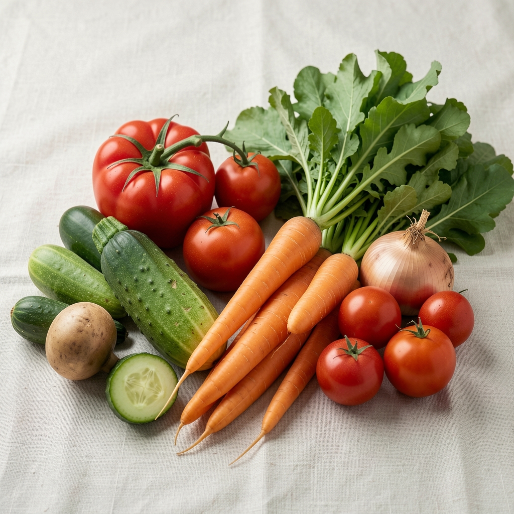 Seasonal root vegetables and leafy greens arranged on a worn wooden market table in early morning light