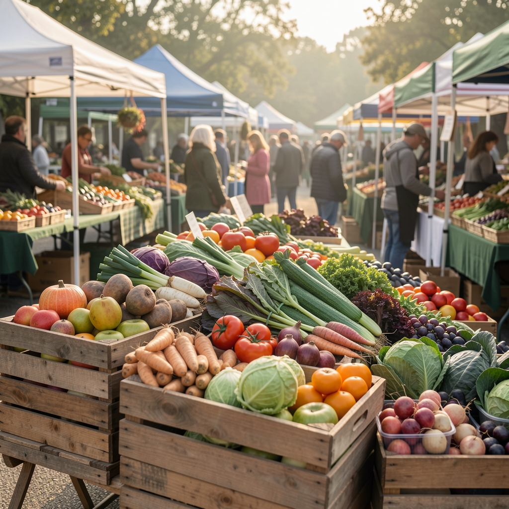 Seasonal market produce displayed on wooden crates at an early morning farmers market in soft natural light